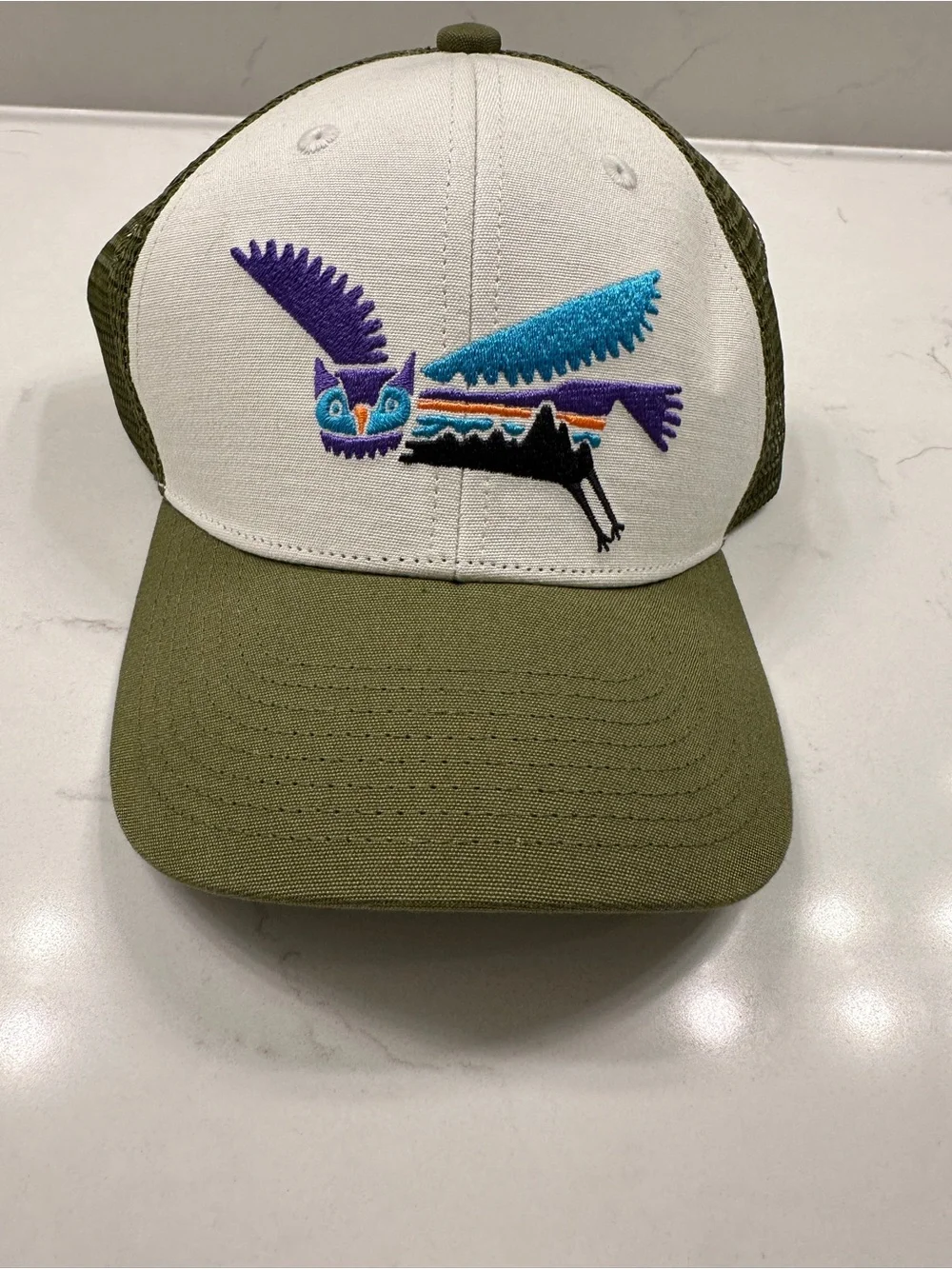 Patagonia Kids White & Olive Trucker Hat with Colorful Embroidered Owl